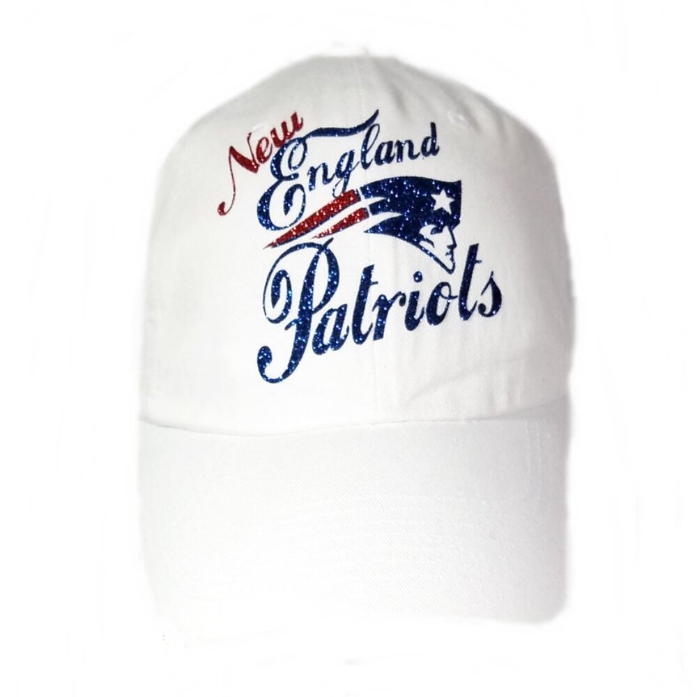 New England Patriots White Fitted Baseball Adj. Cap with Shiny lettering.